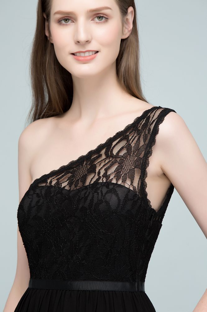 Vestidos de dama de honor de gasa con encaje, corte A, un hombro y faja