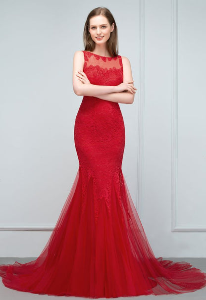 Floor Length Mermaid Illusion Neckline Sleeveless Tulle Lace Prom Dresses