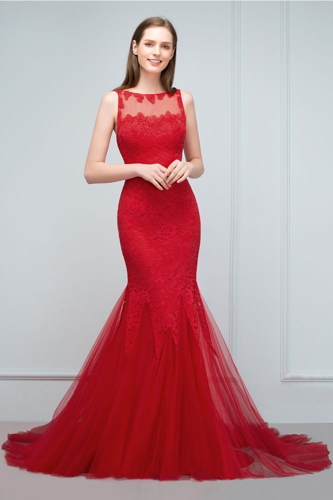 Floor Length Mermaid Illusion Neckline Sleeveless Tulle Lace Prom Dresses