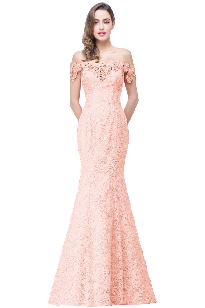 Vestidos de dama de honor con hombros descubiertos y encaje de sirena hasta el suelo