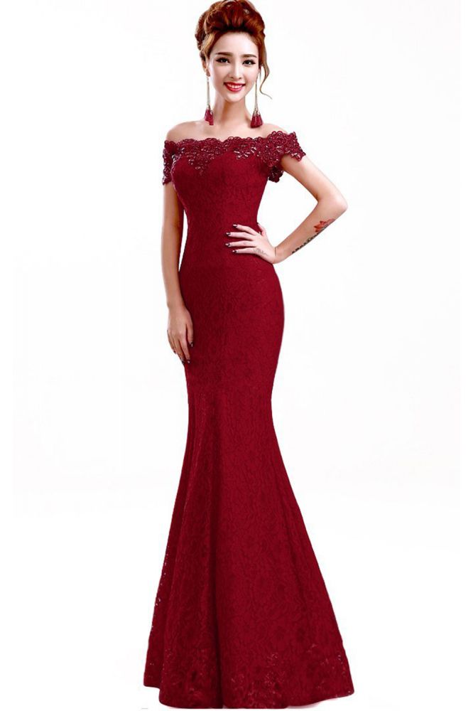 Vestidos de dama de honor con hombros descubiertos y encaje de sirena hasta el suelo