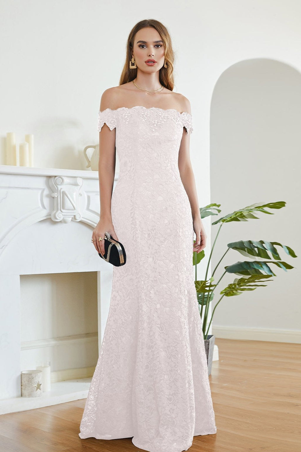 Vestidos de dama de honor con hombros descubiertos y encaje de sirena hasta el suelo