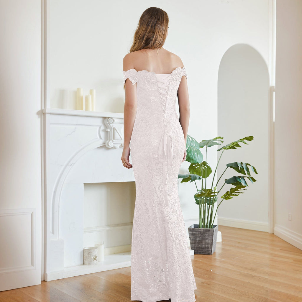 Vestidos de dama de honor con hombros descubiertos y encaje de sirena hasta el suelo