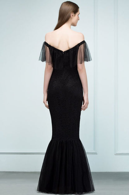 Vestidos de fiesta de tul con encaje de sirena y hombros descubiertos hasta el suelo