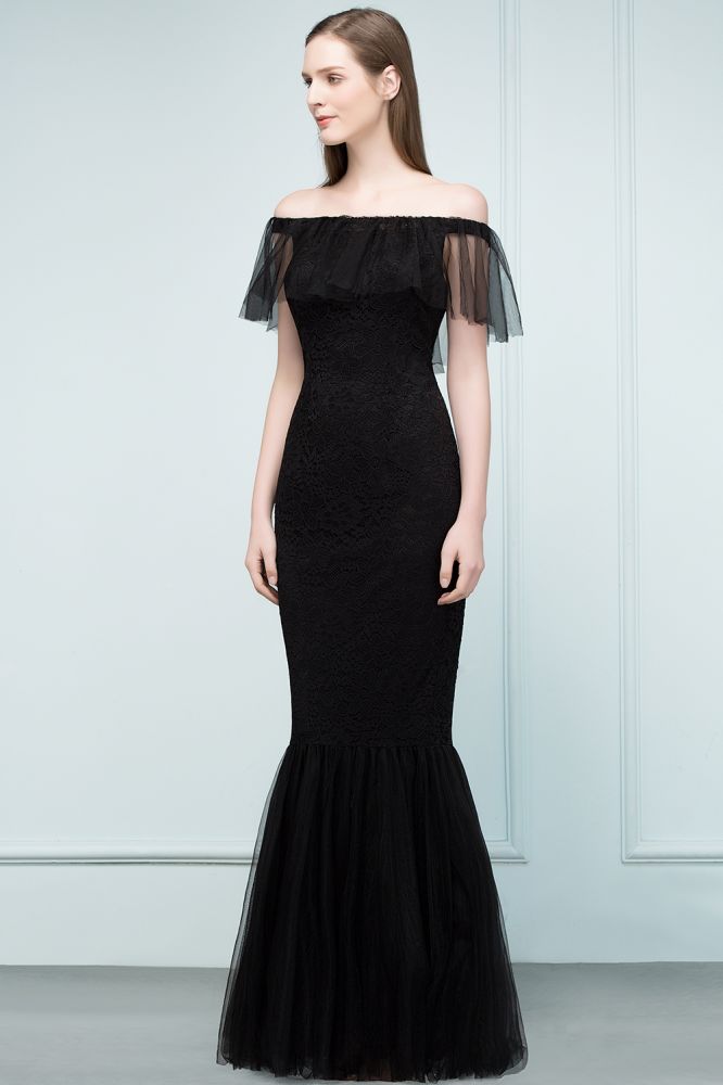 Vestidos de fiesta de tul con encaje de sirena y hombros descubiertos hasta el suelo