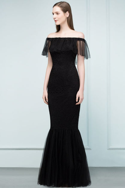 Vestidos de fiesta de tul con encaje de sirena y hombros descubiertos hasta el suelo