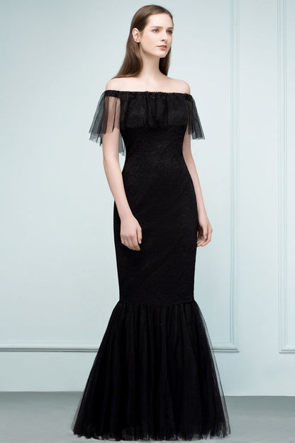 Vestidos de fiesta de tul con encaje de sirena y hombros descubiertos hasta el suelo