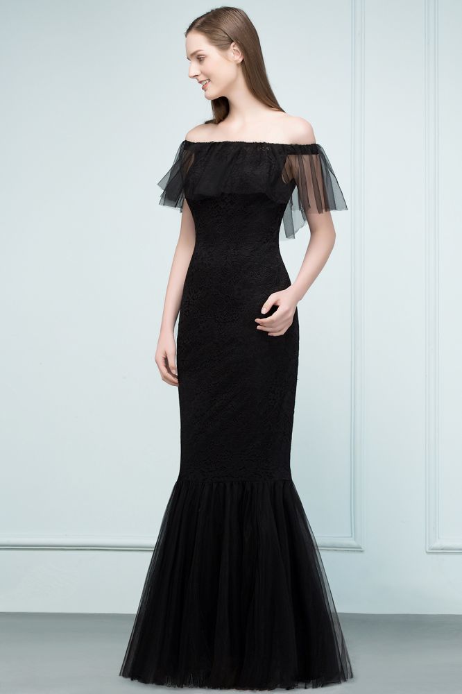 Vestidos de fiesta de tul con encaje de sirena y hombros descubiertos hasta el suelo