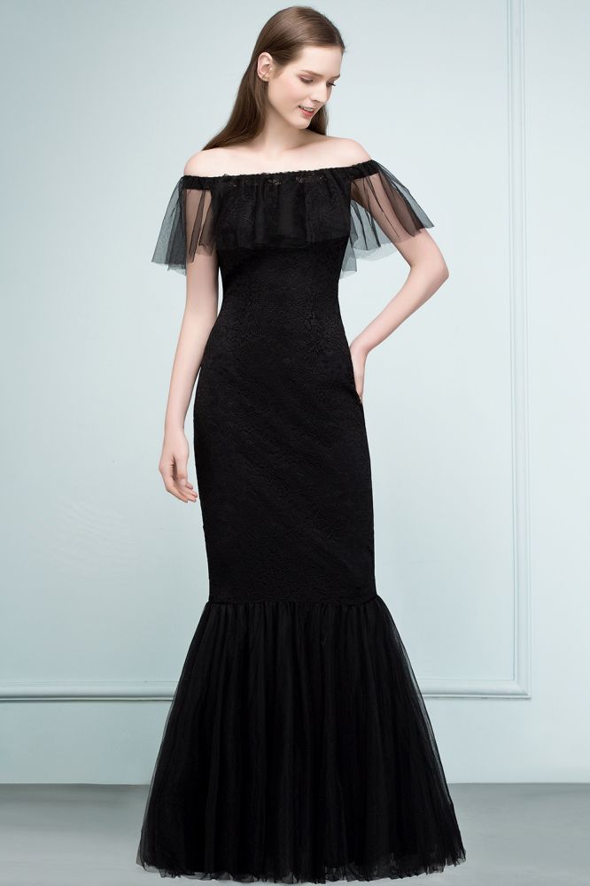 Vestidos de fiesta de tul con encaje de sirena y hombros descubiertos hasta el suelo