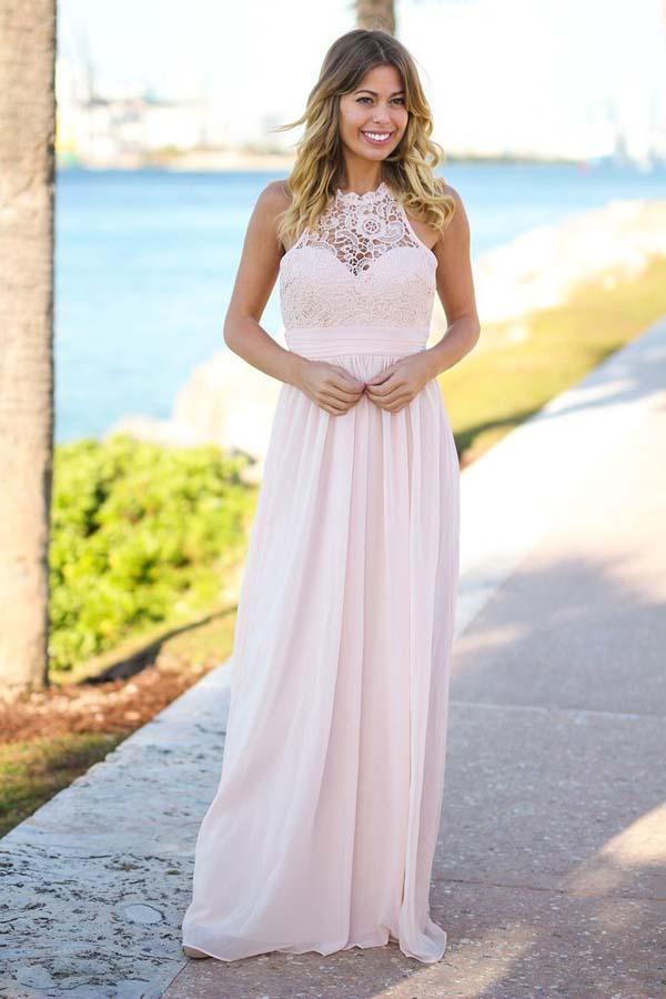 Vestido de dama de honor de gasa rosa con encaje y espalda descubierta, largo hasta el suelo, BD031