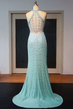 Floor Length Sheath Halter Sequined Back Prom Dresses