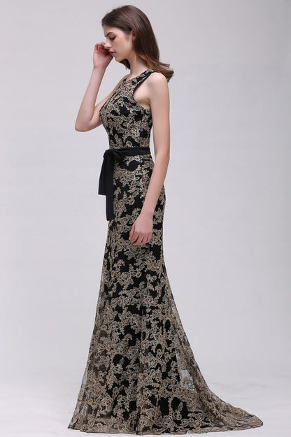 Floor-Length Sheath Round Neck Lace Evening Dresses