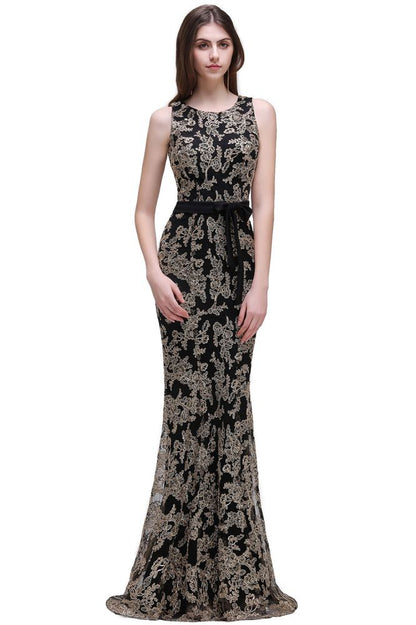 Floor-Length Sheath Round Neck Lace Evening Dresses