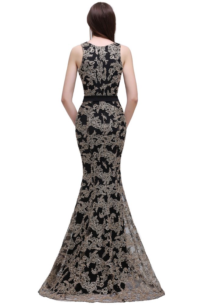 Floor-Length Sheath Round Neck Lace Evening Dresses