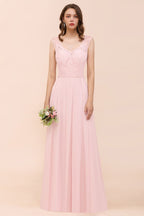 Vestido de dama de honor con encaje floral, color rosa, corte A, para fiesta de boda