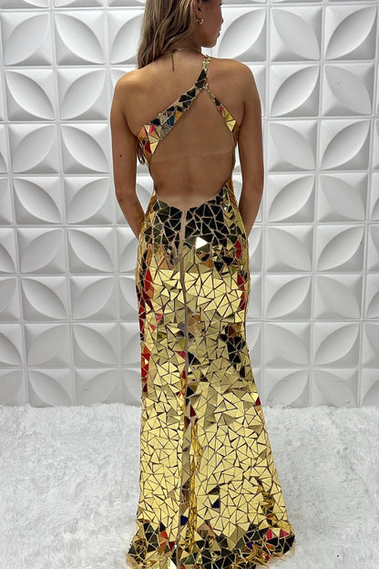 Flovencia | Gold Cut Glass Mirror One-Shoulder Long Prom Dress with Tassels