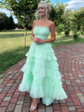Flovencia| Vestido de fiesta verde menta sin tirantes de tul con volantes escalonados y corte asimétrico