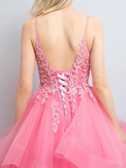 A-Line Prom Dresses Princess Dress Formal Floor Length Sleeveless V Neck Tulle Backless with Pleats Appliques