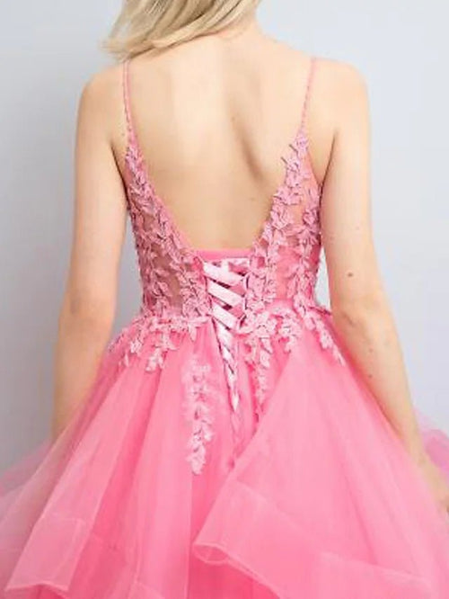 Nanalia | Vestidos de fiesta de corte A, estilo princesa, formales, largos hasta el suelo, sin mangas, escote en V, tul, espalda descubierta y apliques plisados.