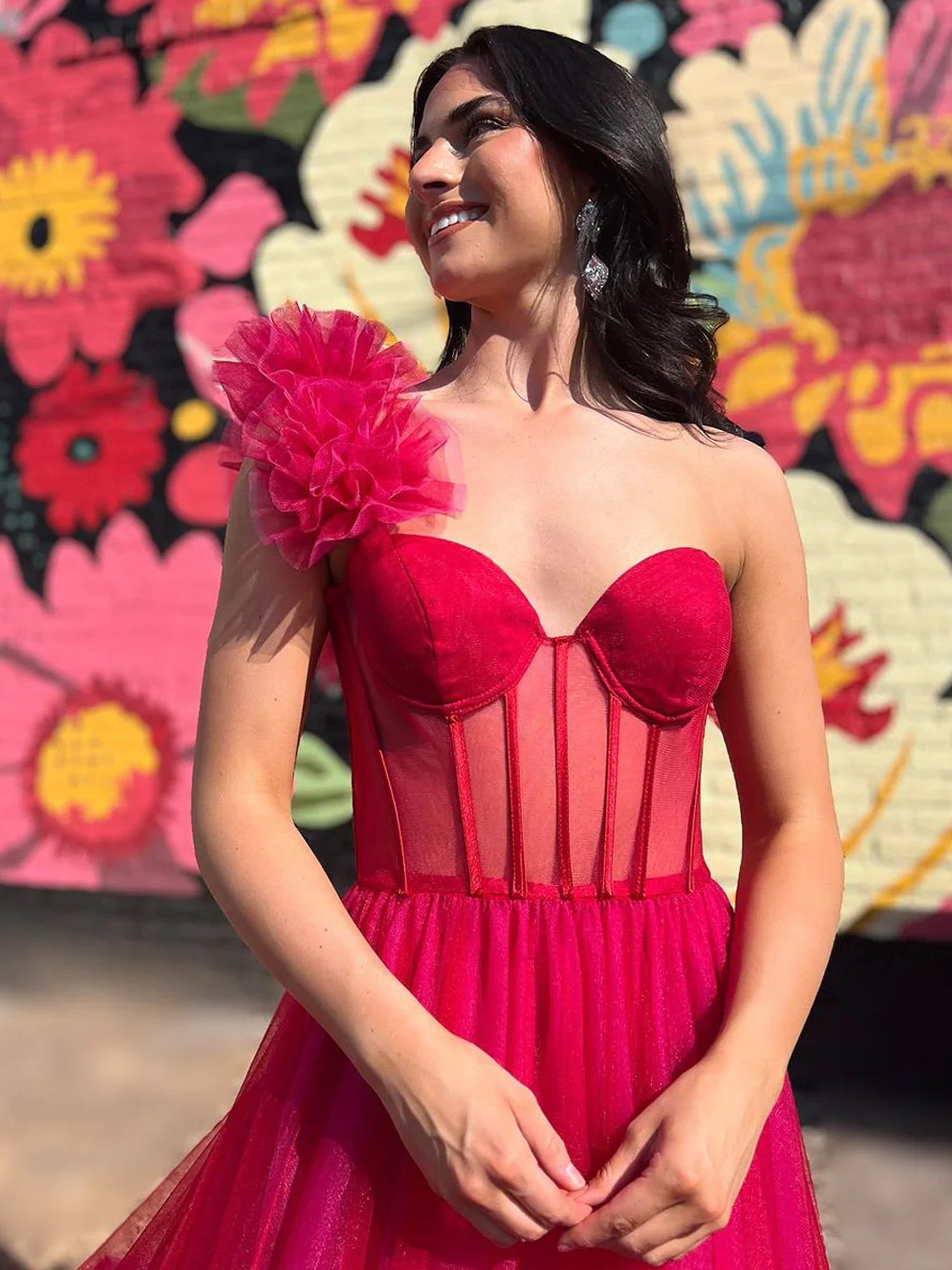 Fran | Vestidos de fiesta de tul con un solo hombro y vestido de fiesta rosa intenso