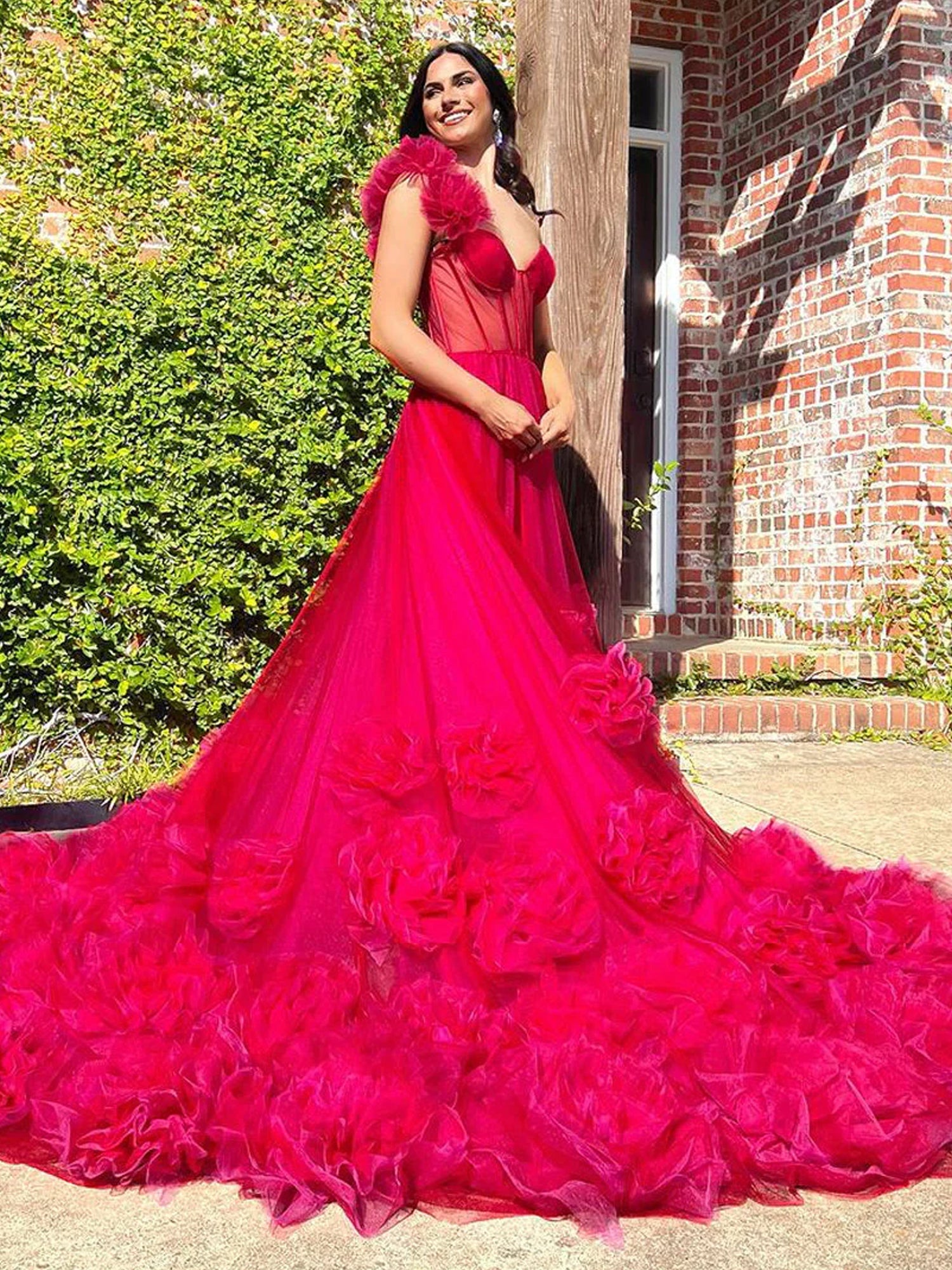 Fran | Vestidos de fiesta de tul con un solo hombro y vestido de fiesta rosa intenso