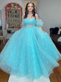 Francis | Vestido de fiesta largo de tul azul agua sin tirantes, corte A, con estrellas