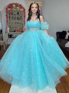 Francis | Vestido de fiesta largo de tul azul agua sin tirantes, corte A, con estrellas