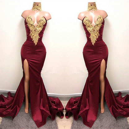 Vestidos de fiesta de sirena con cuello alto y abertura frontal con apliques de encaje burdeos