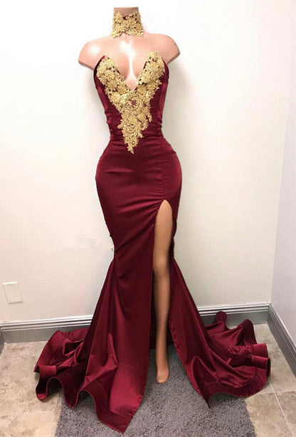 Vestidos de fiesta de sirena con cuello alto y abertura frontal con apliques de encaje burdeos