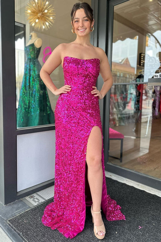 Fuchsiafarbenes, trägerloses, langes Ballkleid mit Pailletten und Schlitz