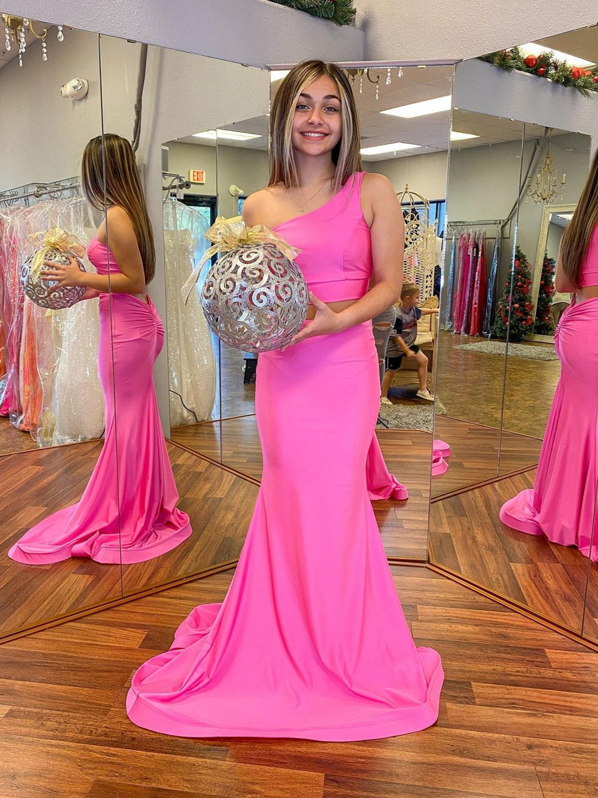 Fuchsia Zweiteiliges Meerjungfrau-Abschlussballkleid mit einer Schulter, lang, formelle Abschluss-Abendkleider