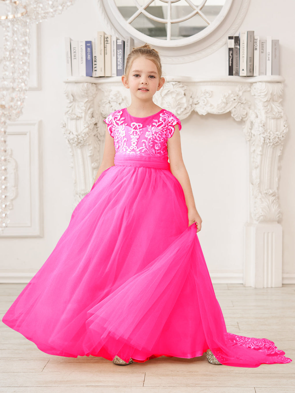 A-Linie Spitze Tüll Sweep Schleppe Rosa Blumenmädchenkleid 