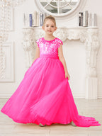 A-Linie Spitze Tüll Sweep Schleppe Rosa Blumenmädchenkleid 