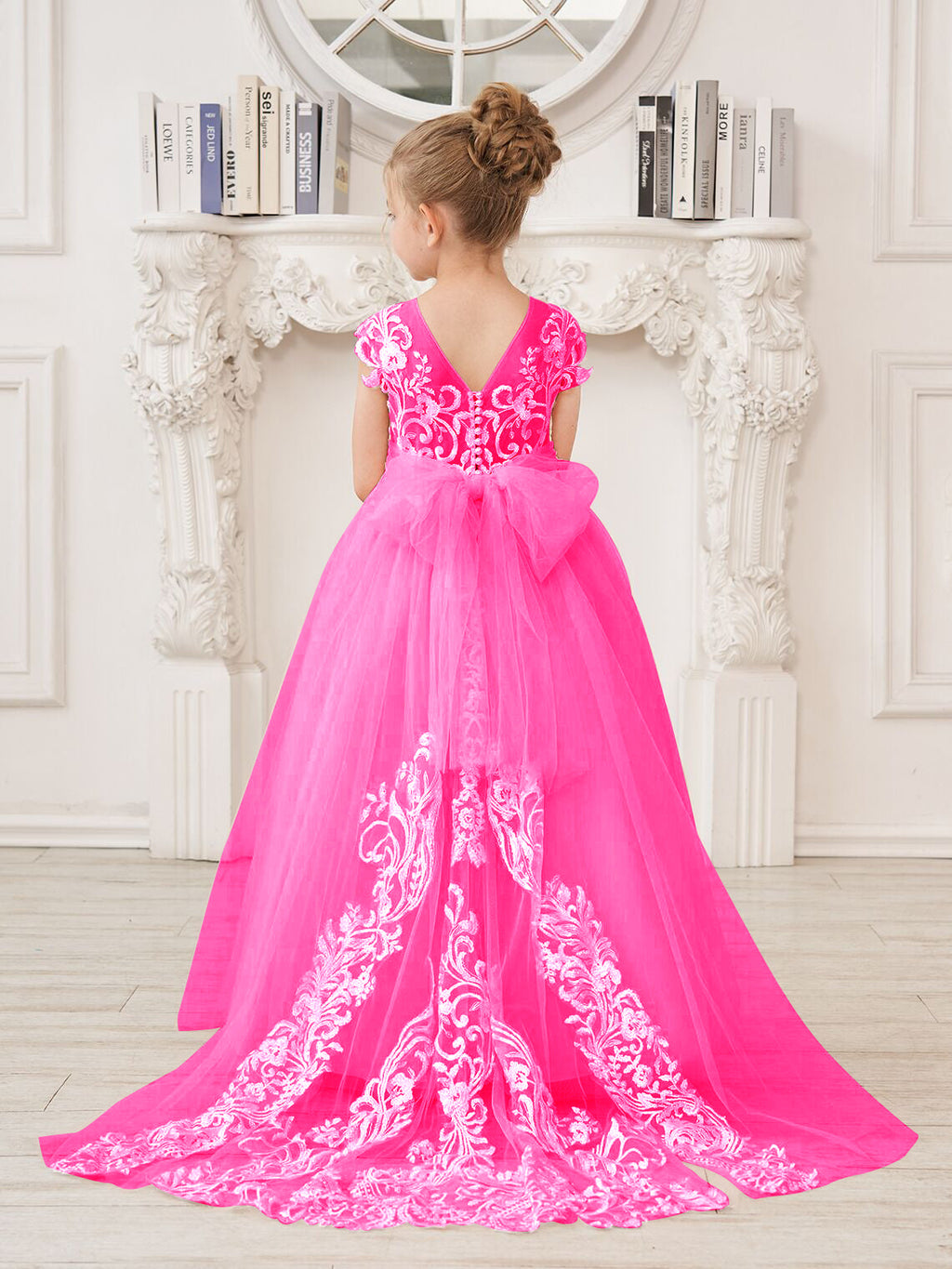 A-Linie Spitze Tüll Sweep Schleppe Rosa Blumenmädchenkleid 