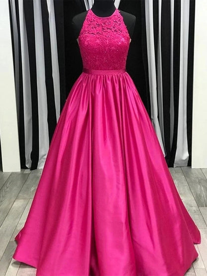 Fuscia Long A-line Halter Neck Satin Lace Formal Prom Dresses