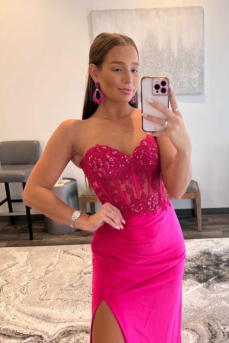 Ember | Sweetheart Corset Lace Hot Pink Long Prom Dress with Slit