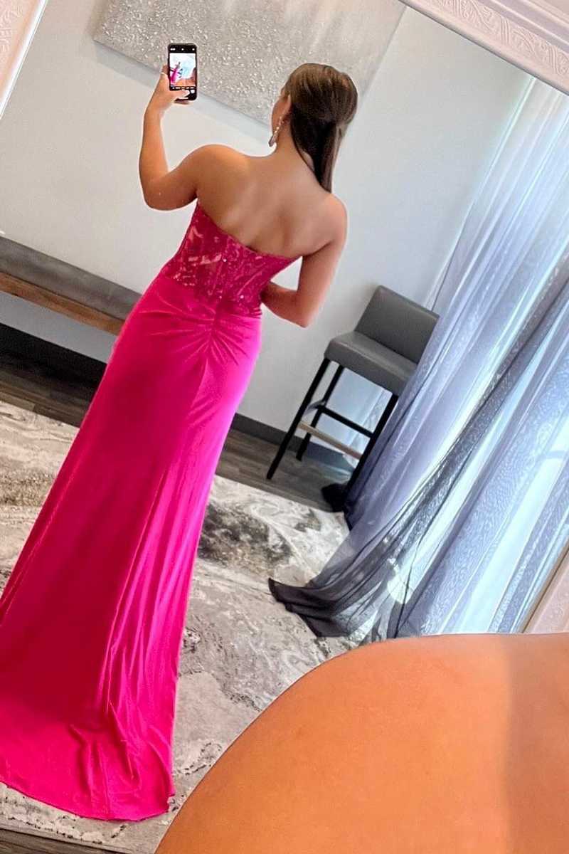 Ember | Sweetheart Corset Lace Hot Pink Long Prom Dress with Slit