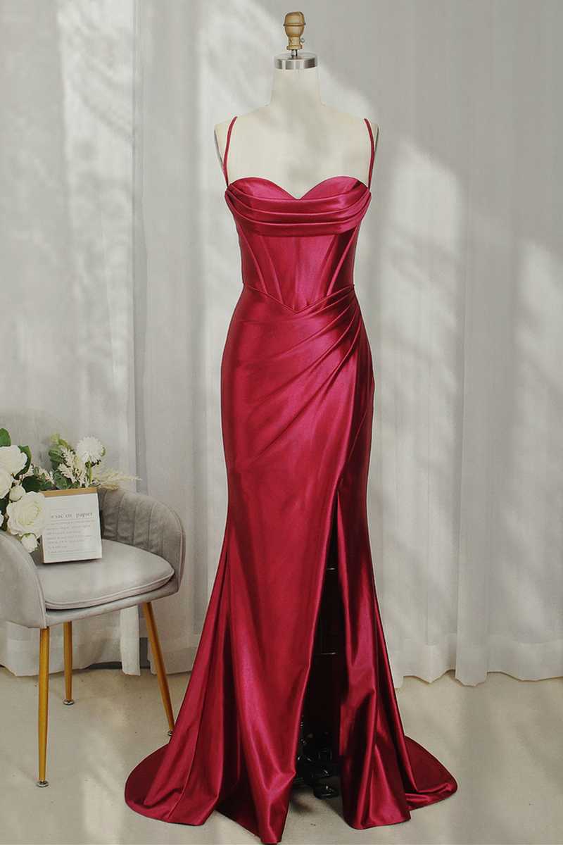 Vestido de noche de satén con tirantes finos y corte sirena, color burdeos, cuello vuelto y fruncido, Y449