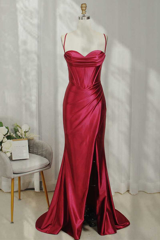 Vestido de noche de satén con tirantes finos y corte sirena, color burdeos, cuello vuelto y fruncido, Y449