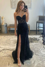Mermaid Strapless Corset Lace Prom Dress with Slit