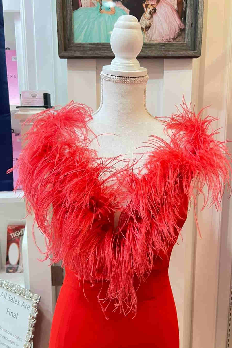 Plunging Neck Red Feather Long Formal Dress with Slit