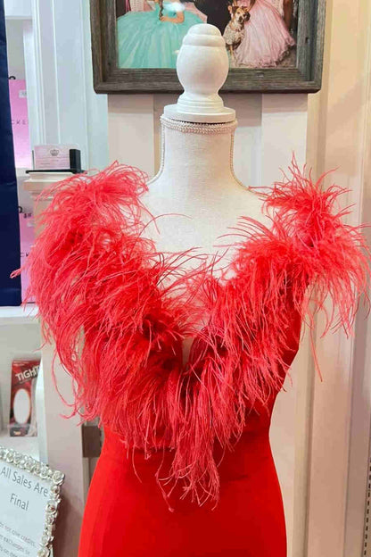Plunging Neck Red Feather Long Formal Dress with Slit