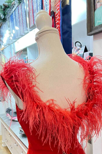 Plunging Neck Red Feather Long Formal Dress with Slit