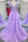 Stacy | Vestido largo formal de tul con capas color lavanda y lentejuelas