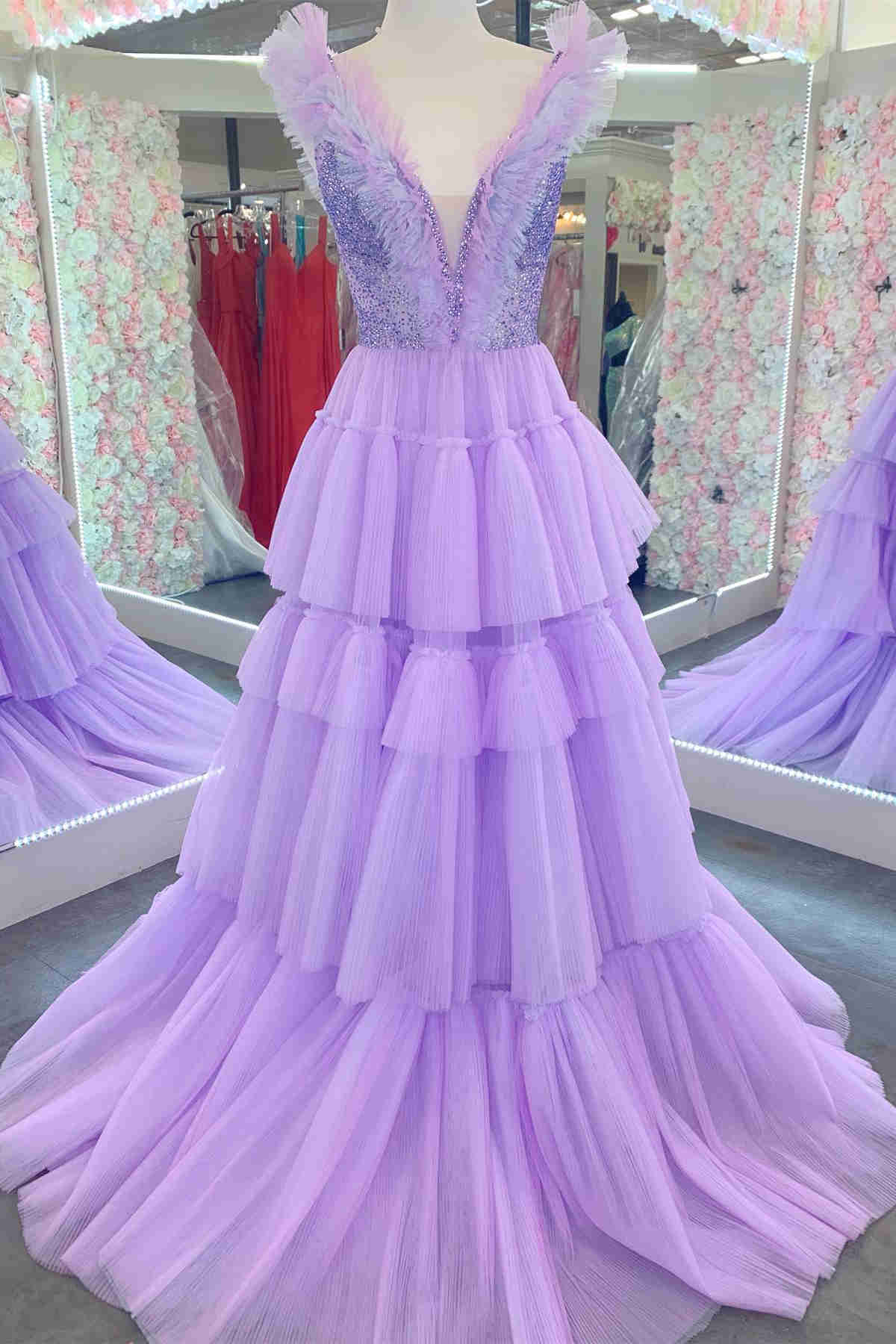 Stacy | Langes Abendkleid aus lavendelfarbenem Tüll mit Paillettenoberteil