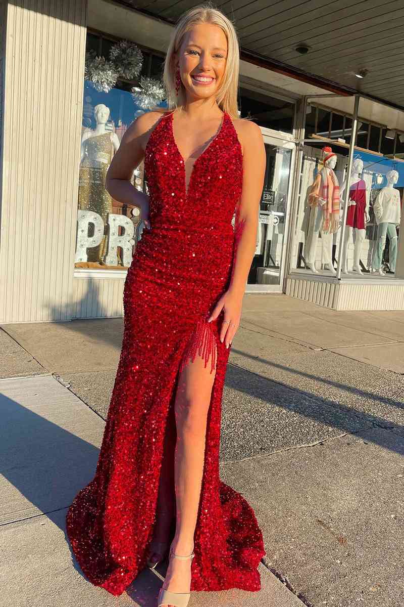 Vestido de fiesta largo con lentejuelas y borlas en color rojo