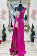 Kaydence | Elegante vestido largo asimétrico fucsia con cuentas