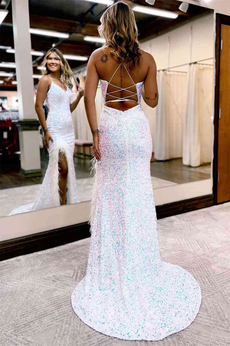 Kadrina | Vestido de fiesta largo de sirena con escote en V y lentejuelas con abertura
