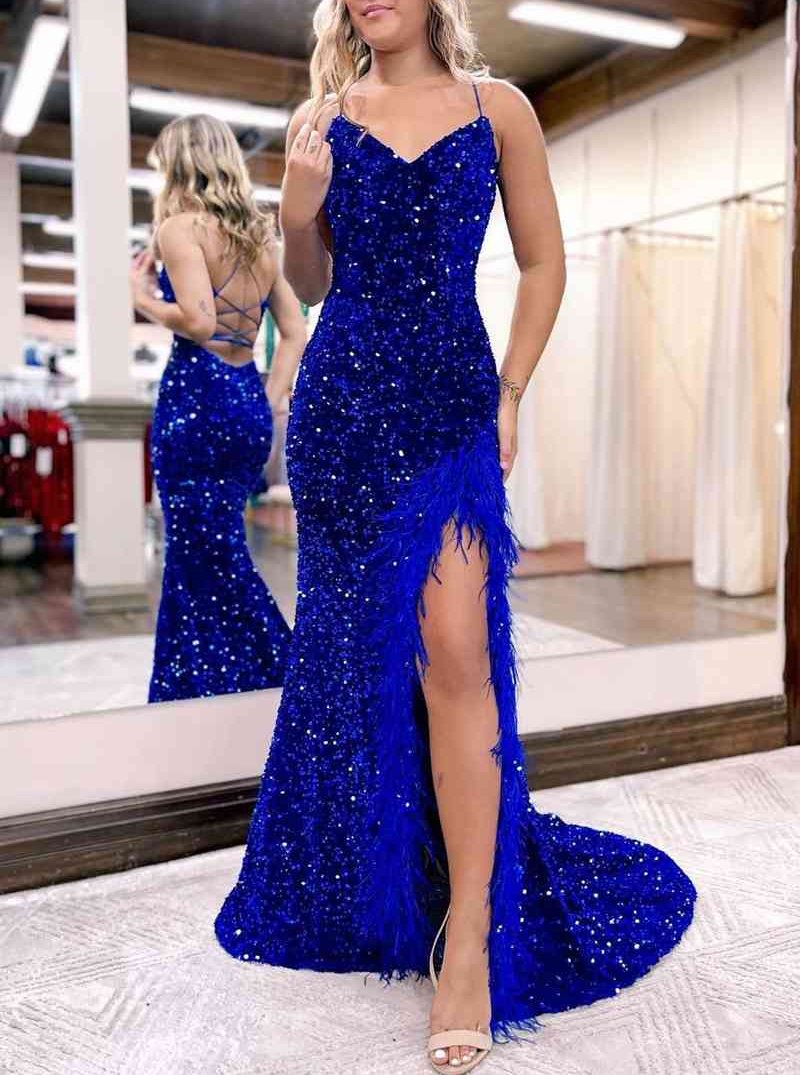 Kadrina | Vestido de fiesta largo de sirena con escote en V y lentejuelas con abertura