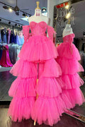 Sue | Vestido de fiesta rosa intenso con hombros descubiertos, corte A, capas de tul, apliques, corte alto-bajo